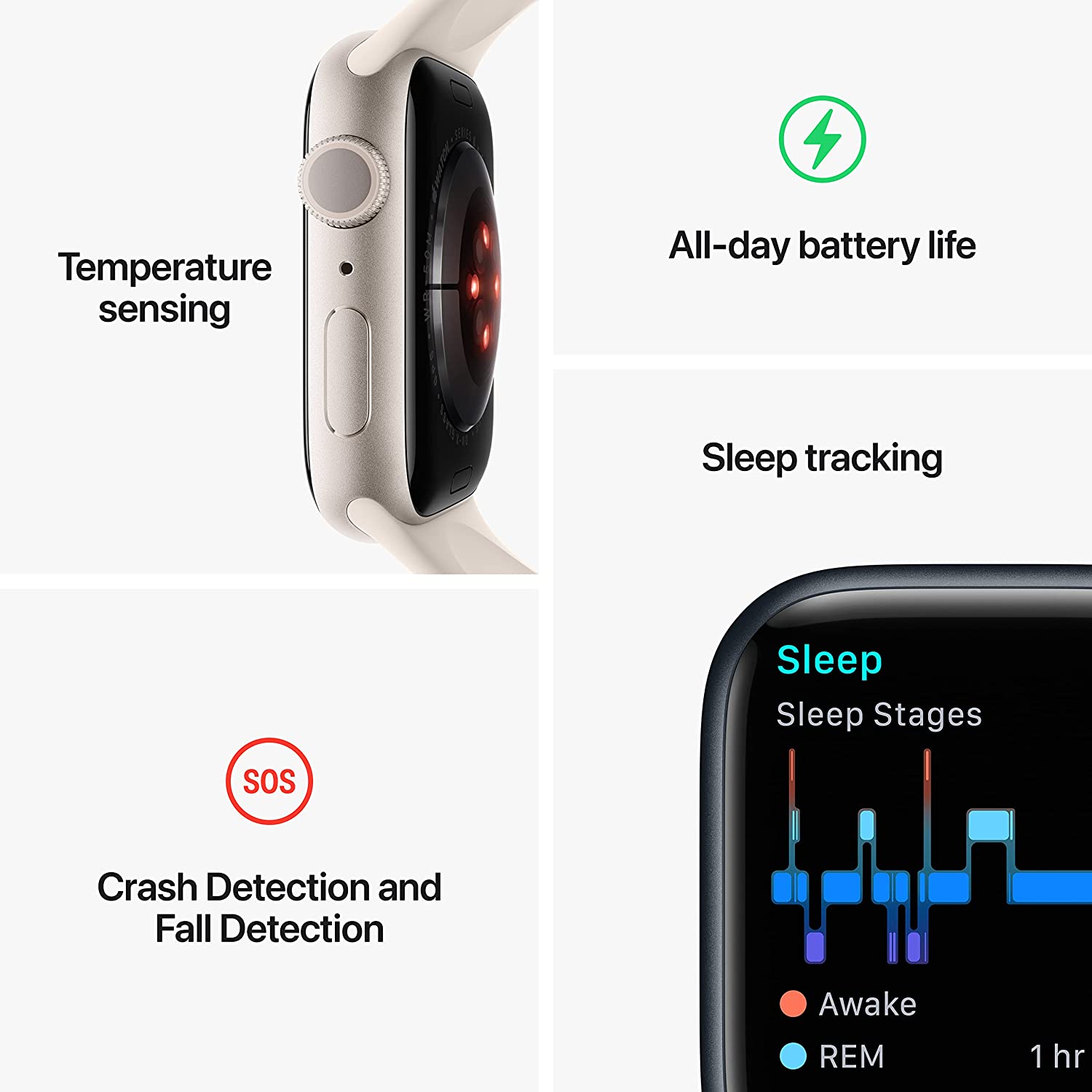 ساعة Apple Watch Series 8 GPS مقاس 45 مم هيكل Starlight من الألومنيوم مع حزام Starlight الرياضي - عادي 