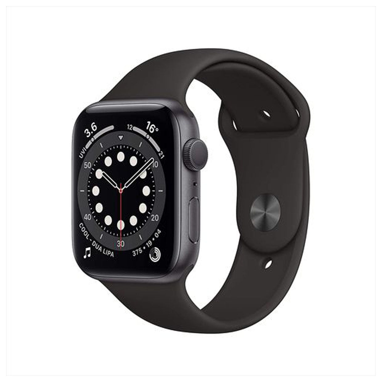 ساعة Apple Watch Series 6 (GPS، 44 مم) - هيكل من الألومنيوم باللون الرمادي الفضائي مع حزام رياضي أسود 