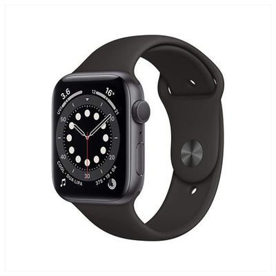 ساعة Apple Watch Series 6 (GPS، 44 مم) - هيكل من الألومنيوم باللون الرمادي الفضائي مع حزام رياضي أسود 